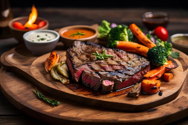 Un steak avec des légumes et un feu sur la table.