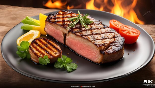 un steak et des légumes sont sur une assiette avec un feu en arrière-plan