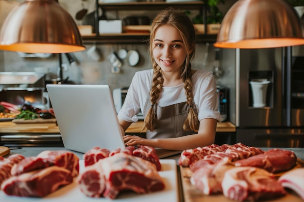 Steak et logiciel Une jeune femme déterminée se plonge dans ses tâches sur son ordinateur portable Son espace de travail orné d'esprit