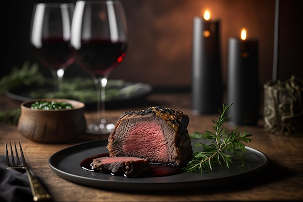 Steak mi-saignant et vin rouge IA générative