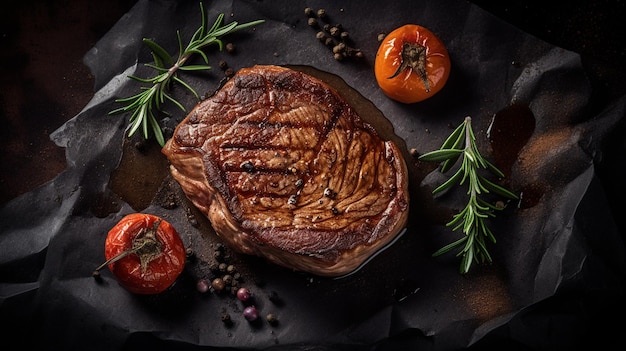 Un steak avec un morceau de viande dessus et une tomate à côté