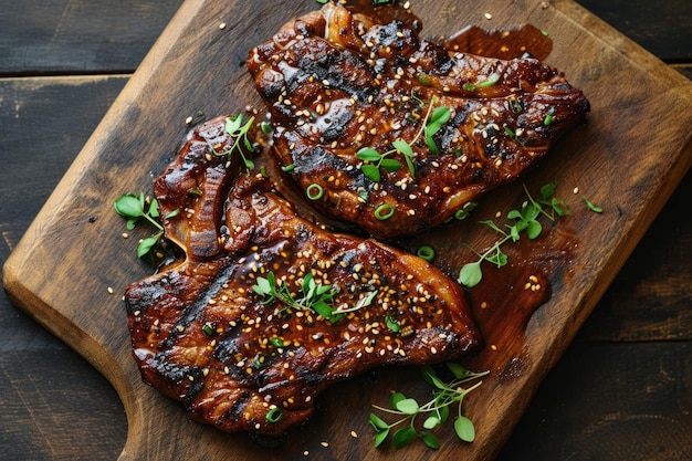 Steak parfaitement grillé garni de graines de sésame et d'herbes fraîches présenté sur une planche à découper en bois rustique