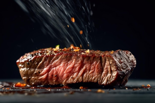 Un steak avec un peu de sel dessus.