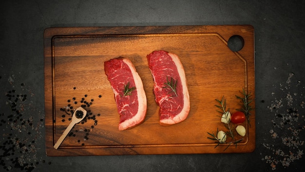 Steak Picanha de viande fraîche crue pour griller avec romarin assaisonné et épices sur planche de bois