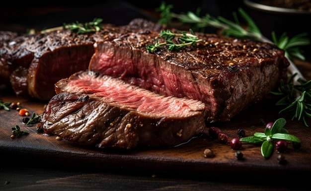 Un steak sur une planche de bois avec un brin de romarin sur le dessus