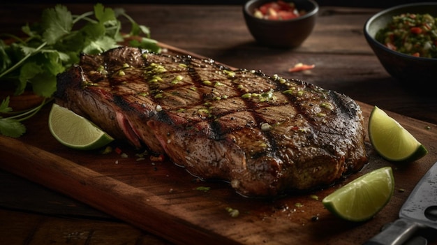Un steak sur une planche de bois avec un citron vert dessus