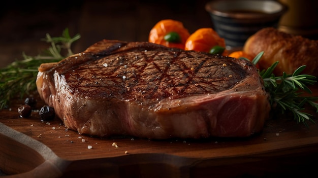 Un steak sur une planche de bois avec des oranges sur le côté