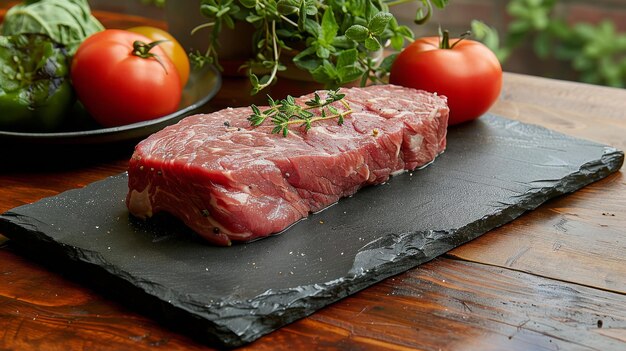 Steak sur une planche à couper d'ardoise