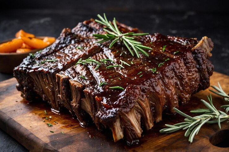 Photo un steak sur une planche à couper avec une carotte sur le dessus