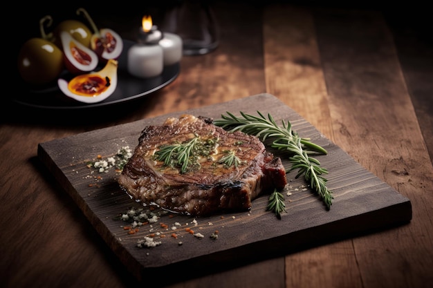 Un steak sur une planche à découper avec une assiette de figues dessus