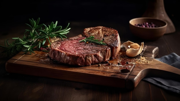 Un steak sur une planche à découper avec un bol d'herbes et d'épices sur le côté.