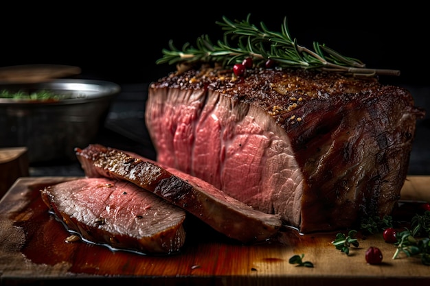 Un steak sur une planche à découper avec un brin de romarin dessus.