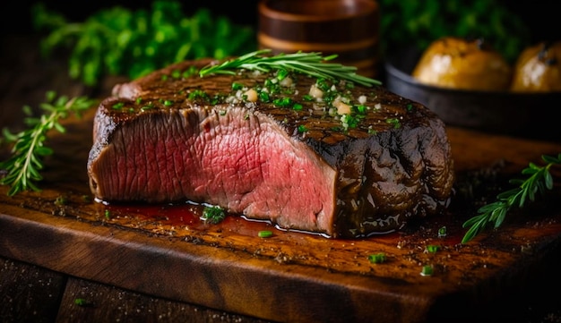 Un steak sur une planche à découper avec un brin de romarin dessus