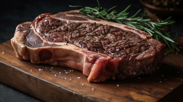 Un steak sur une planche à découper avec un brin de romarin dessus