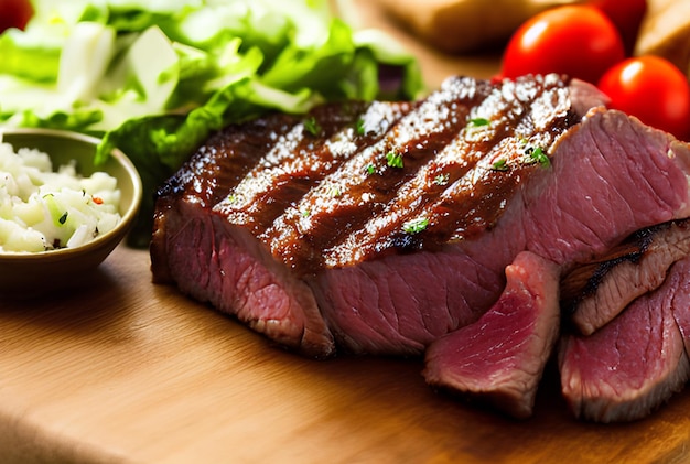 Un steak sur une planche à découper avec un côté de salade verte et de tomates