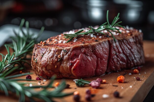 Un steak sur une planche à découper avec du romarin dessus