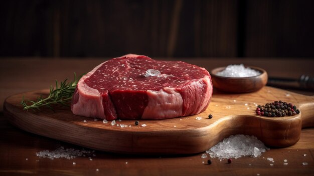 Un steak sur une planche à découper avec du sel et du poivre dessus