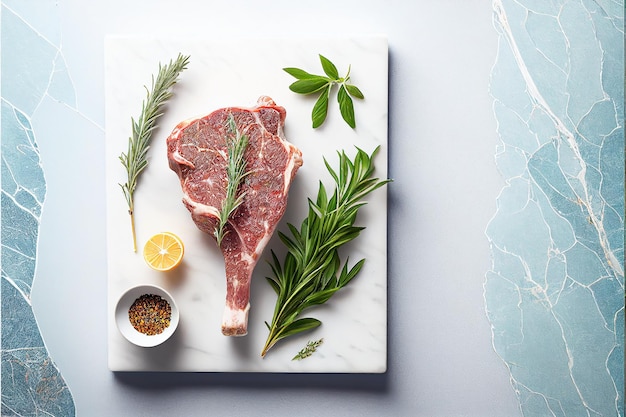 Un steak sur une planche à découper avec des herbes et des épices dessus.