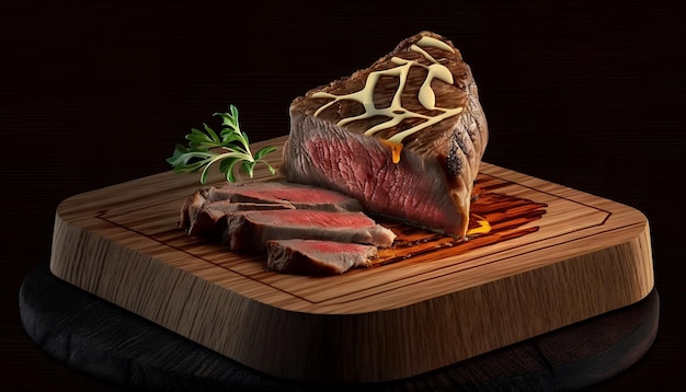 Un steak sur une planche à découper avec une tranche de steak dessus.