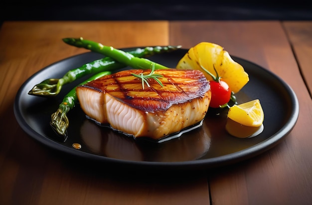 Un steak de poisson frit juteux avec des légumes, des poivrons, du maïs et des asperges.