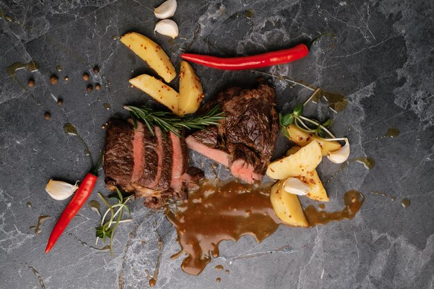 Steak avec pommes de terre au four et romarin