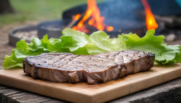 Steak de porc cuisiné à la maison avec des épices, des feuilles de laitue