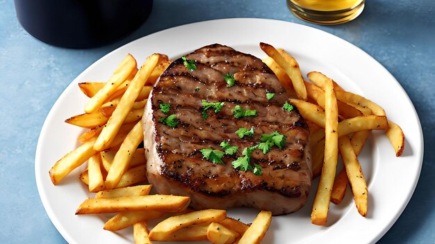 Photo steak de porc et frites art génératif par ia