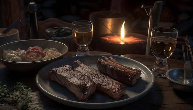 Steak de porc grillé suivi d'un dîner de viande rôtie accompagné de vin dans un restaurant