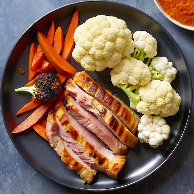 Steak de poulet avec des carottes de pain, des navets de chou-fleur et du maïs sur une assiette noire