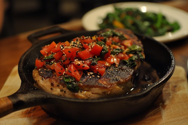 Un steak de poulet élégant avec des graines de sésame et de la récolte fraîche de la ferme.