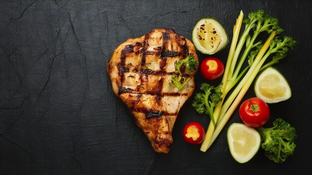 Photo steak de poulet grillé et légumes sur fond sombre