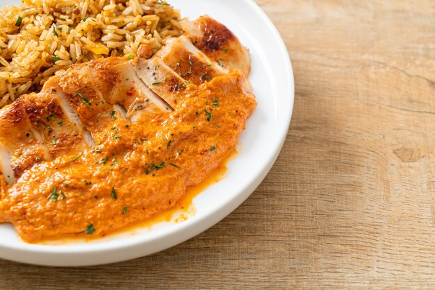 steak de poulet grillé avec sauce au curry rouge et riz - style alimentaire musulman