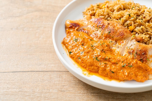 steak de poulet grillé avec sauce au curry rouge et riz - style alimentaire musulman