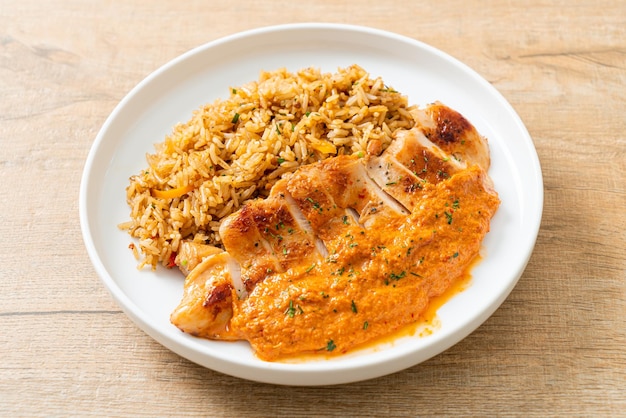 Steak de poulet grillé avec sauce au curry rouge et riz