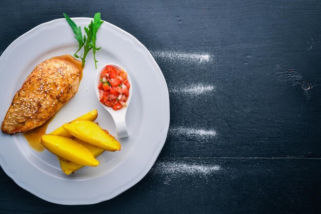 Steak de poulet et pommes de terre sur un fond en bois Vue de dessus Espace libre pour le texte