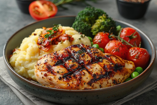 Steak de poulet savoureux accompagné de tomates, de pois et de brocoli