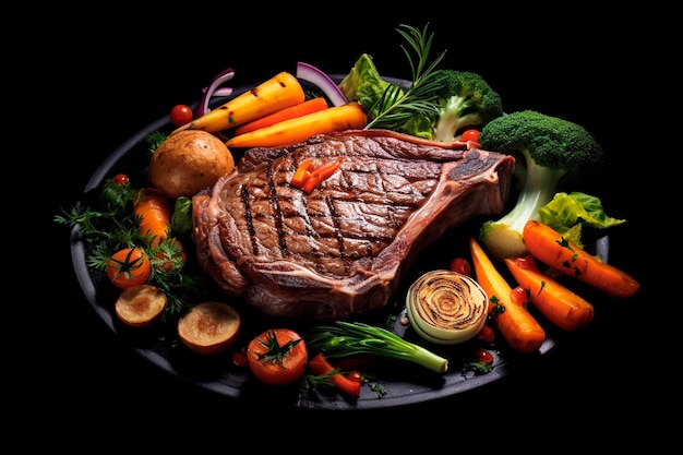 Steak prêt avec des légumes sur fond noir AI générée