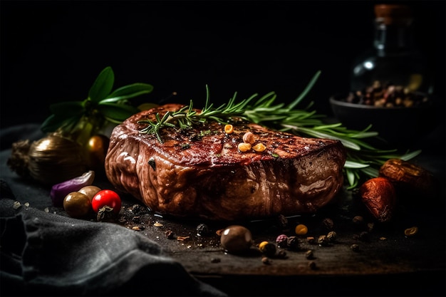 Steak de qualité supérieure coupé sur un fond de palette d'ambiance sombre ai génératif