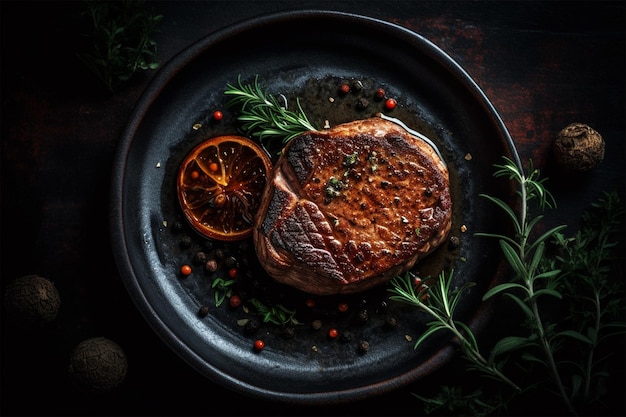 Steak de qualité supérieure coupé sur un fond de palette d'ambiance sombre ai génératif