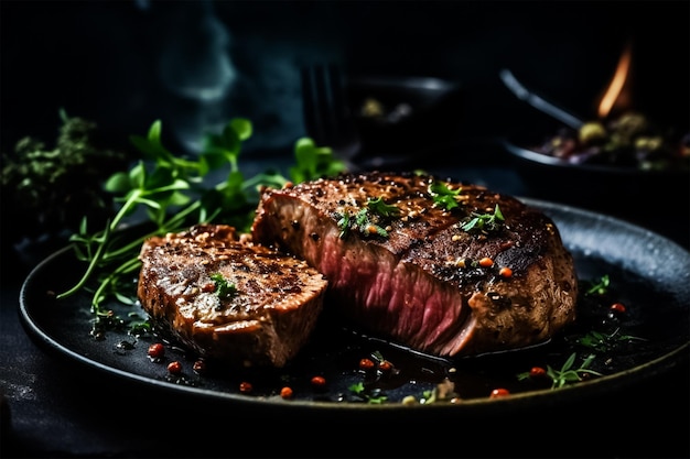 Steak de qualité supérieure coupé sur un fond de palette d'ambiance sombre ai génératif