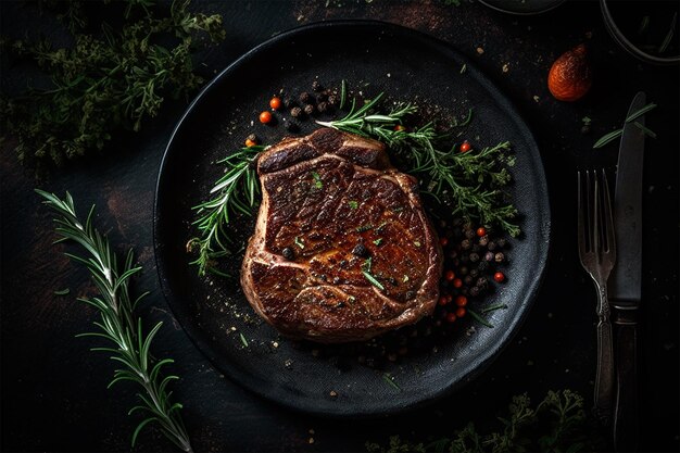 Steak de qualité supérieure coupé sur un fond de palette d'ambiance sombre ai génératif