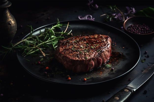 Steak de qualité supérieure coupé sur un fond de palette d'ambiance sombre ai génératif
