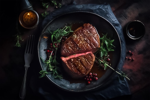 Steak de qualité supérieure coupé sur un fond de palette d'ambiance sombre ai génératif