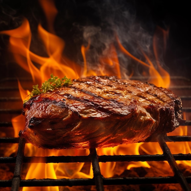 Photo un steak qui est sur un gril avec un morceau d'herbe dessus