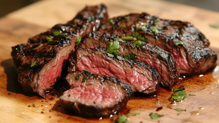 Photo un steak qui a été coupé en quatre morceaux