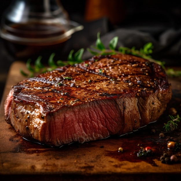 Un steak qui a été cuit et est sur une planche de bois