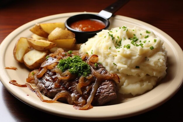 Un steak rond au fond brûlant avec des pommes de terre au four Nirvana