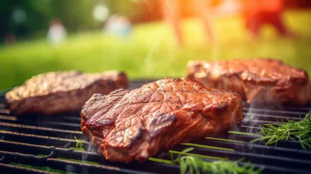 Un steak rôti délicieux sur un gril en flammes dans la cour arrière.