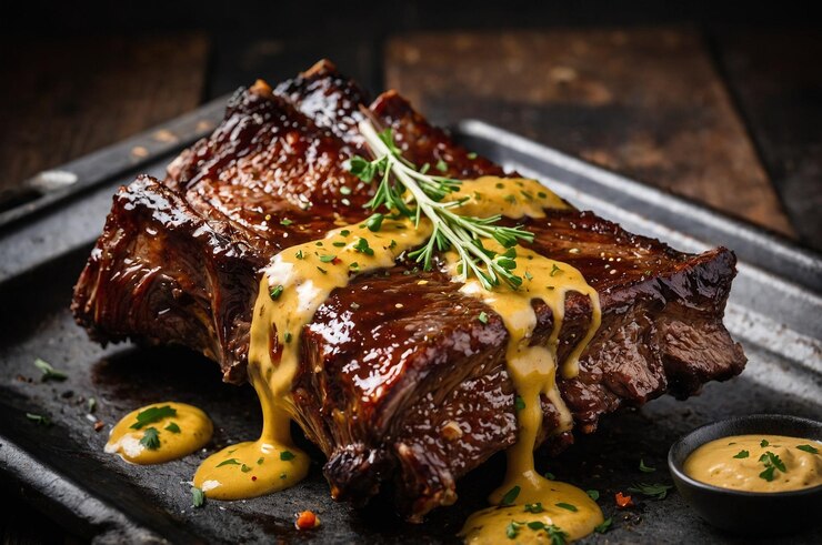 Photo un steak avec une sauce jaune dessus