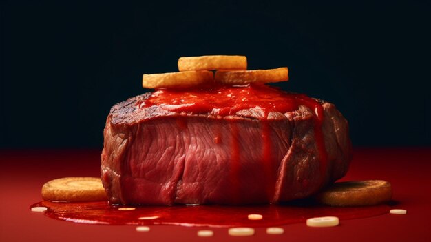 Un steak avec une sauce rouge dessus